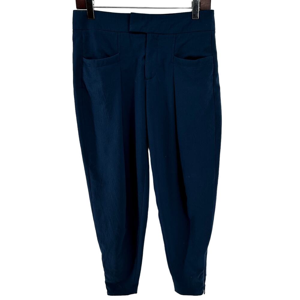 Helmut Lang Trouser Pants Tapered Leg Zip Ankle Silk Lined Pockets Teal Blue 0